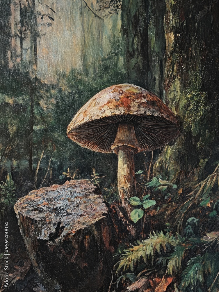 Fototapeta premium Oil painting depicting a decaying mushroom among forest foliage