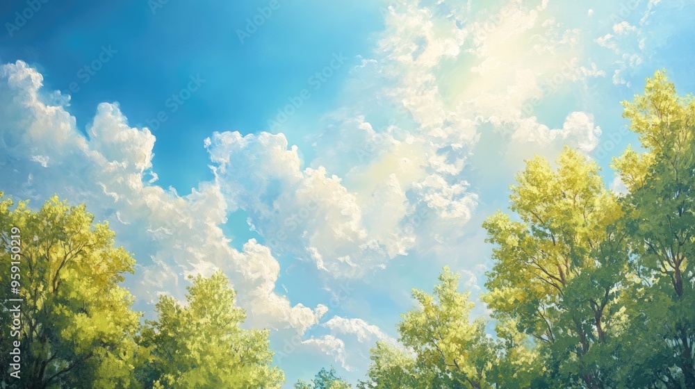 Oil painting depicting a stunning natural scene featuring trees a blue sky fluffy clouds and sunlight showcasing the beauty of the outdoors and nature photography Oil painting depicting a stunning natural scene featuring trees a blue sky fluffy clouds and sunlight showcasing the beauty of the outdoors and nature photography