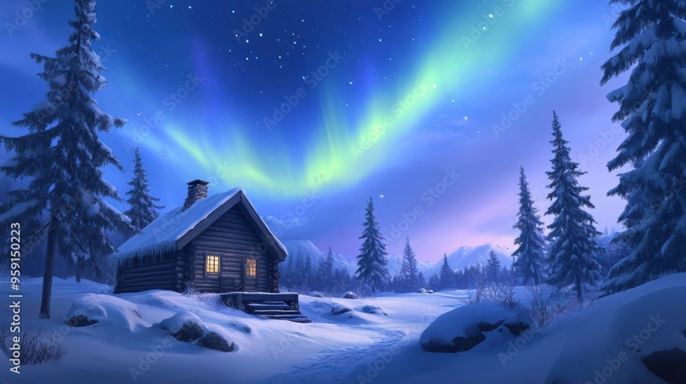 A cabin in the snow with a northern lights display, AI A cabin in the snow with a northern lights display, AI