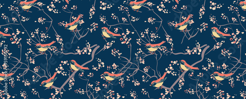 Japanese sakura bloom and cute little birds seat on twigs. Cherry blossom and birds seamless pattern. Vector floral Abstract ornament with pink cherry flowers, branches on dark background.