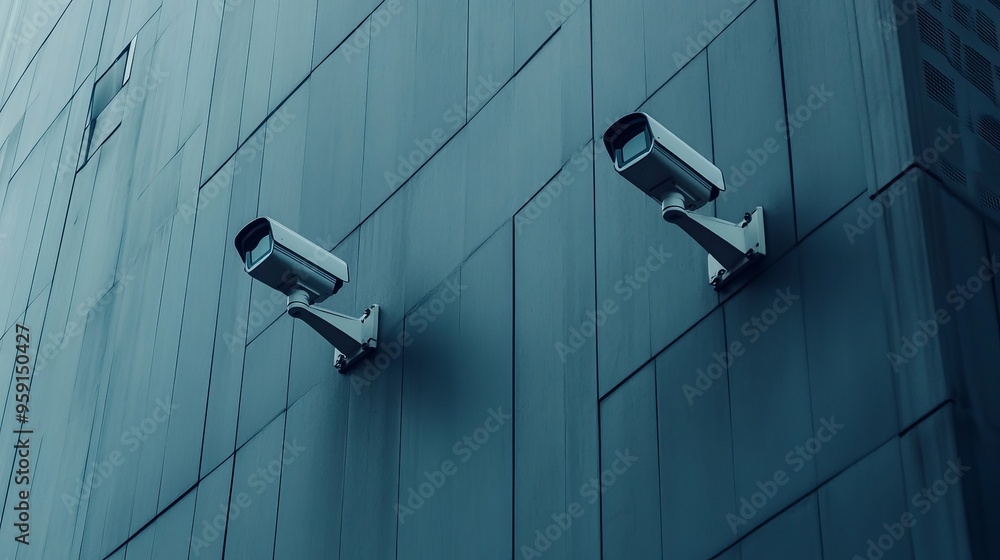 Two CCTV cameras on the facade of a gray modern business building. Street security system or big brother Two CCTV cameras on the facade of a gray modern business building. Street security system or big brother