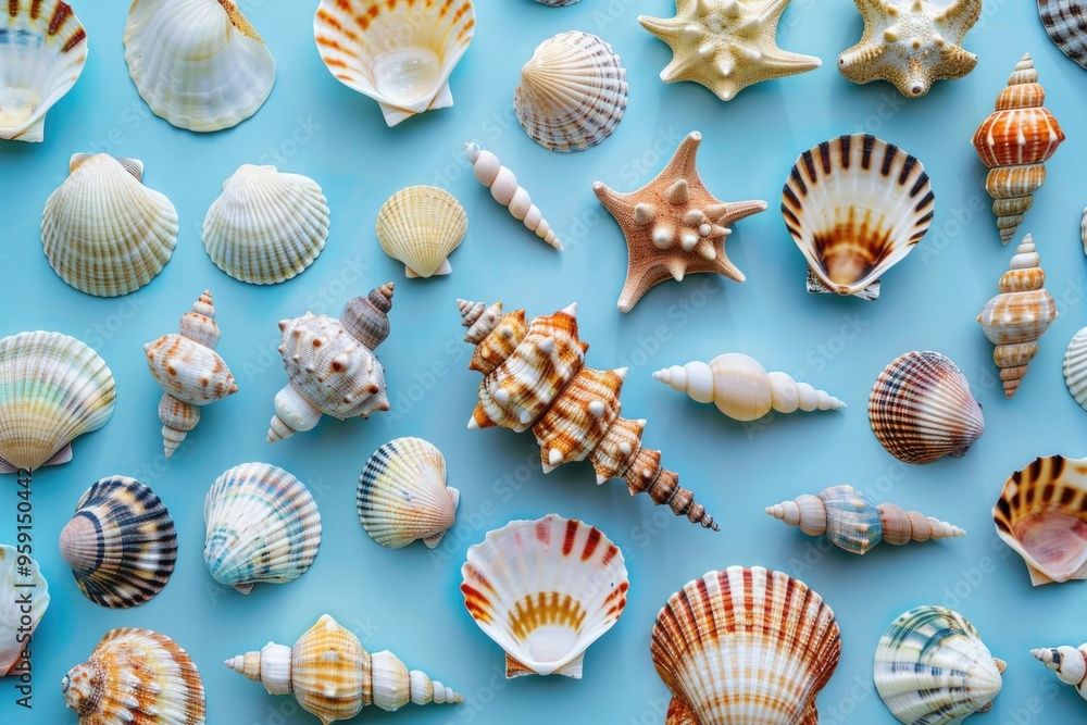 A collection of colorful sea shells on a bright blue surface, perfect for use in illustrations, designs, and more A collection of colorful sea shells on a bright blue surface, perfect for use in illustrations, designs, and more