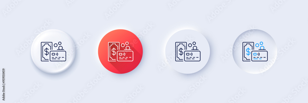 Credit card line icon. Neumorphic, Red gradient, 3d pin buttons. Bank money payment sign. Non-cash coin pay symbol. Line icons. Neumorphic buttons with outline signs. Vector Credit card line icon. Neumorphic, Red gradient, 3d pin buttons. Bank money payment sign. Non-cash coin pay symbol. Line icons. Neumorphic buttons with outline signs. Vector