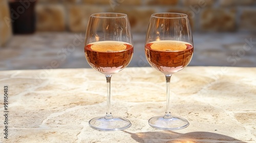 Two glasses of rose wine on a travertine table