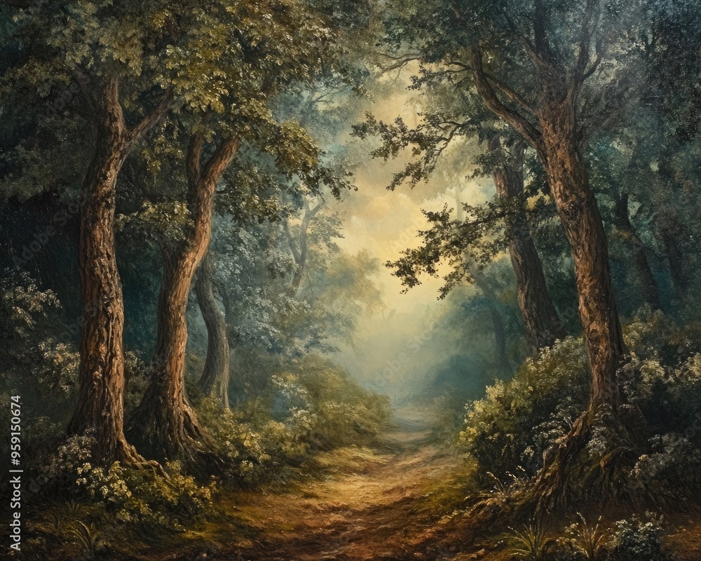 Fototapeta premium Stunning oil painting showcasing a mesmerizing forest landscape