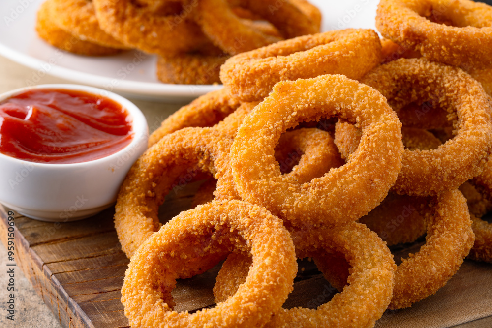 Fried onion rings with mozzarella or plain. Delicious onion rings on table Fried onion rings with mozzarella or plain. Delicious onion rings on table