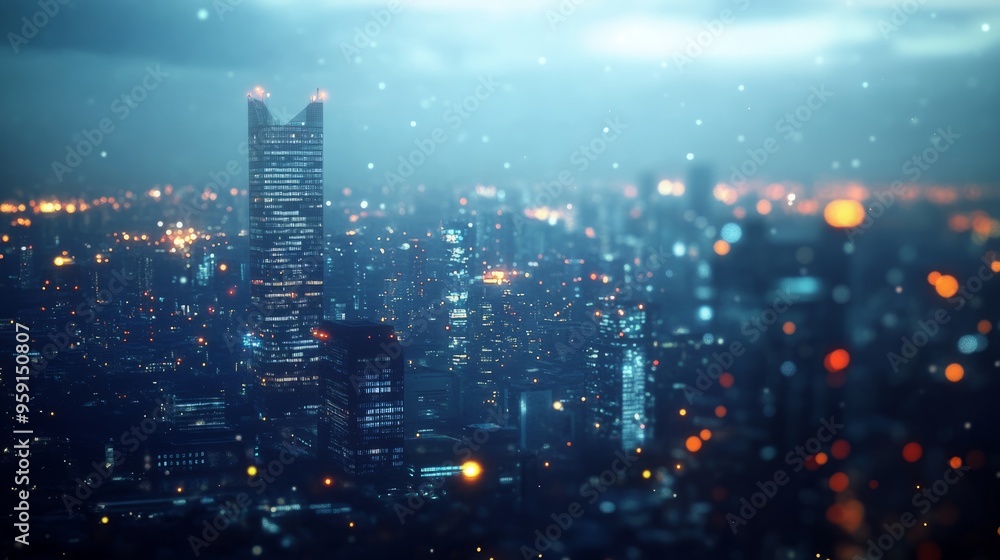 Urban cityscape with grain, deep vignette, blurred lights Urban cityscape with grain, deep vignette, blurred lights