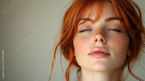Enchanting Redhead Model with Shy Gaze in Soft, Warm Lighting. Non-existent person.