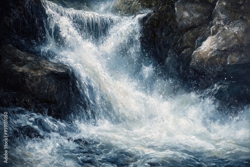 Oil painting depicting a turbulent stream with foamy water featuring a waterfall and water spray elements