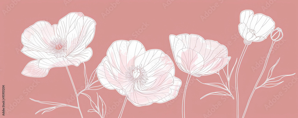 A simple white line drawing on a pink background of a flower with delicate petals. The contrast brings out the softness and beauty of the bloom. A simple white line drawing on a pink background of a flower with delicate petals. The contrast brings out the softness and beauty of the bloom.