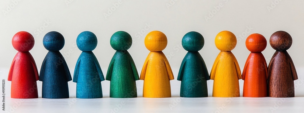 Fototapeta premium A Vibrant Array of Colorful Wooden Figures Standing in a Line on Display
