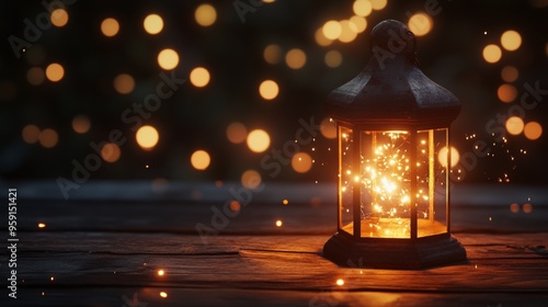 Rustic lantern illuminated by warm glow with magical sparks at night