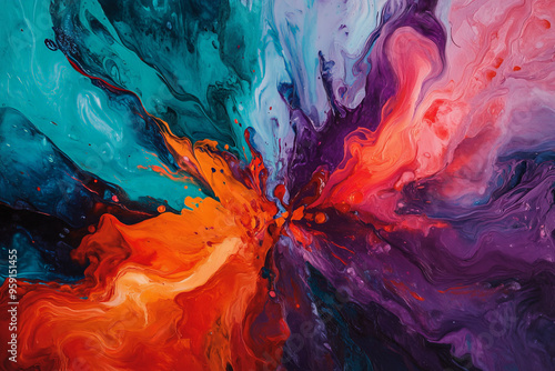 A dramatic explosion of bright paints in shades of red, teal, and purple. The colors mix and blend in a high-energy, abstract pattern with a smooth, flowing texture.