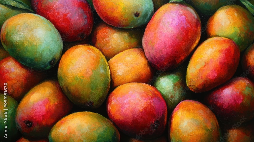 Oil painting of vibrant ripe mangoes showcasing their delicious and fresh appearance Oil painting of vibrant ripe mangoes showcasing their delicious and fresh appearance