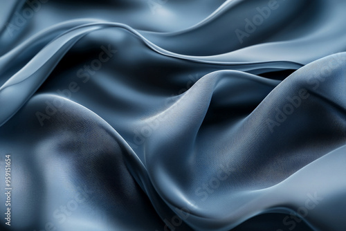 An abstract background with flowing 3D silk fabric in gradient shades of deep blue to soft grey. The fabricâ€™s smooth waves create a serene, high-tech appearance.