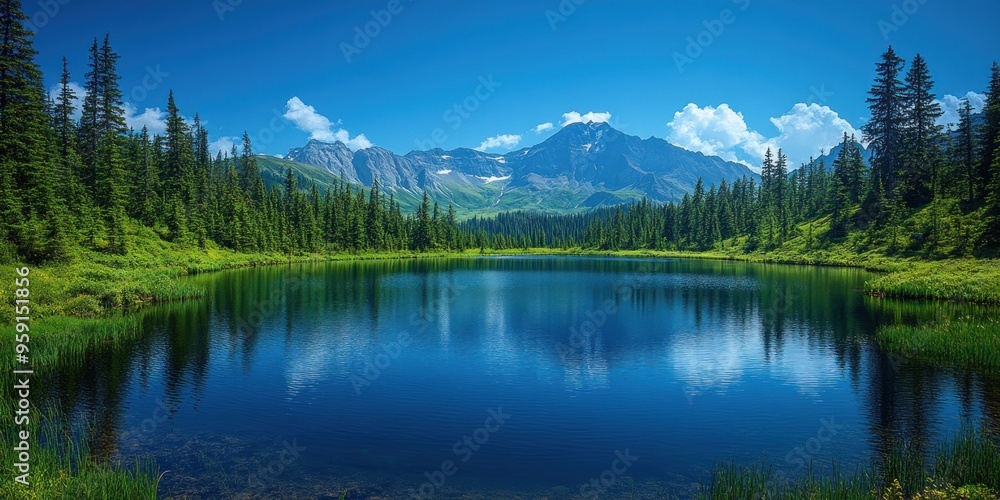 Serene Mountain Lake with Evergreen Trees and Snow-capped Peaks Serene Mountain Lake with Evergreen Trees and Snow-capped Peaks