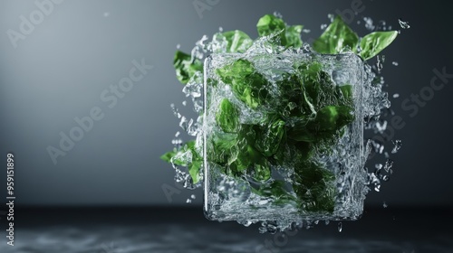 Exploding ice cube with green leaves in mid-air, capturing the moment of bursting freshness and vitality, symbolizing rejuvenation and the exuberance of nature. photo