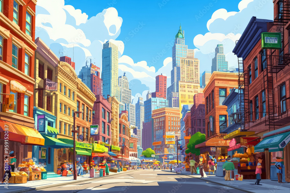 A lively cartoon cityscape with colorful buildings, bustling streets, and a bright, clear sky overhead. The scene is full of energy, with people going about their day, street vendors selling their A lively cartoon cityscape with colorful buildings, bustling streets, and a bright, clear sky overhead. The scene is full of energy, with people going about their day, street vendors selling their