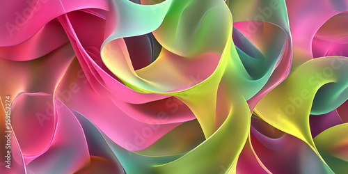 A modern 3D abstract design with twisting ribbons in bright neon colors, including pink, green, and yellow. The ribbons have a glowing effect and form a dynamic pattern. photo