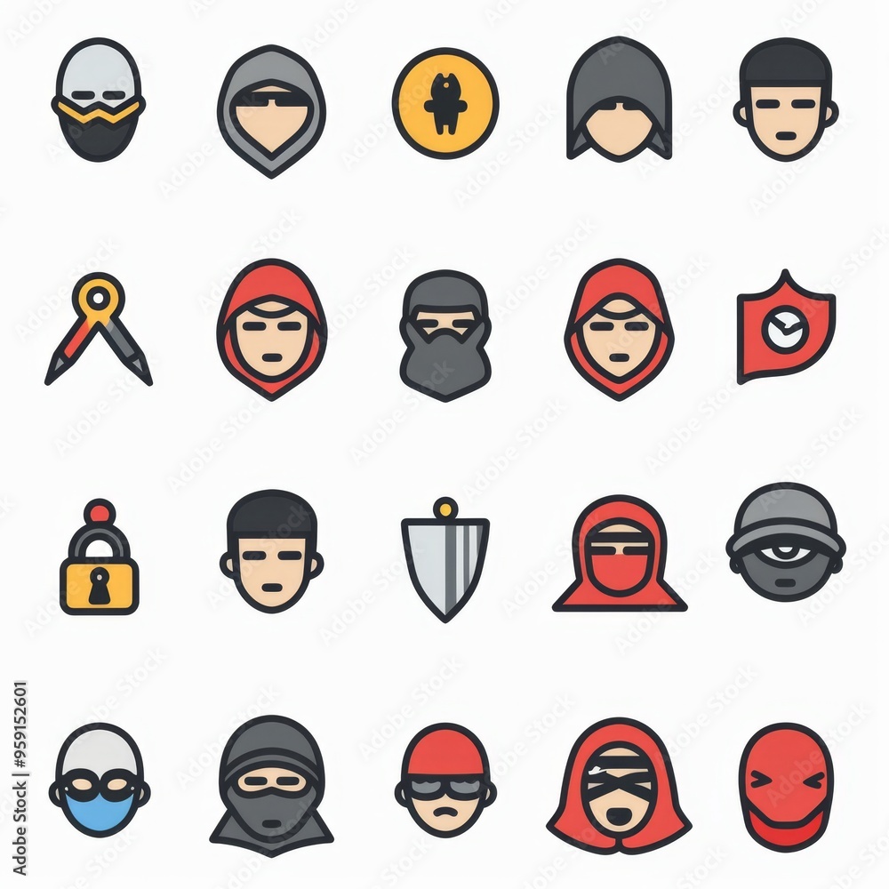 Thief icon, criminal person sign, bandit in mask, burglar silhouette, killer, gangster or robber in balaclava Thief icon, criminal person sign, bandit in mask, burglar silhouette, killer, gangster or robber in balaclava