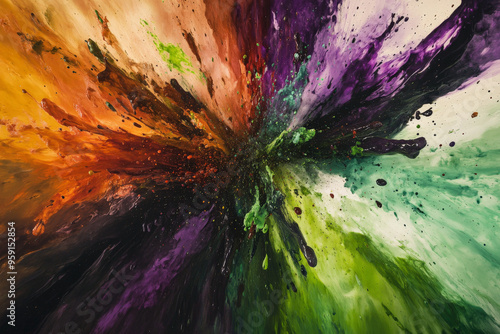 A dramatic scene with an explosion of multicolored paints in hues of green, purple, and red. The paints splatter and blend together, creating an intense, abstract visual effect.