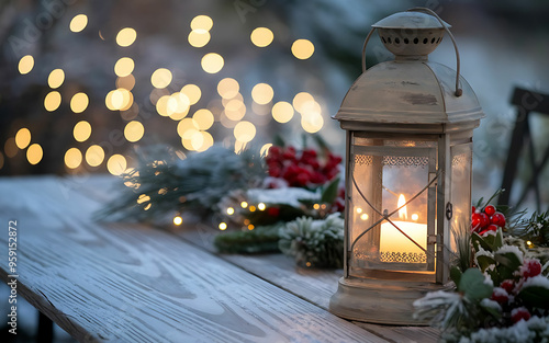 Cozy Winter Patio with Antique Lantern, Frosted Pine Branches, Festive Decorations, and Dreamy Bokeh Lights, Warm Candlelight Casting a Golden Glow on Snow-Dusted Wooden Table