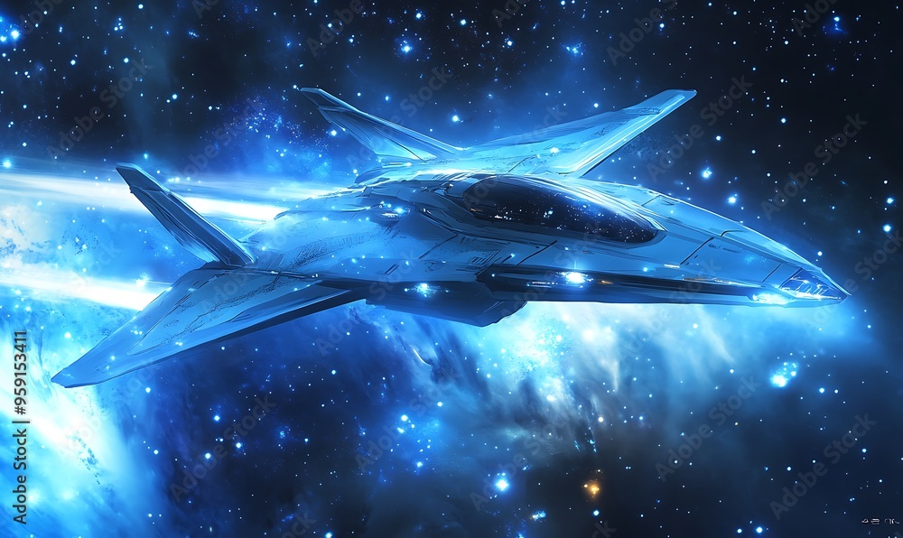 Futuristic Spaceship Flying Through Starry Nebula Futuristic Spaceship Flying Through Starry Nebula