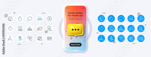 Phone mockup with 3d chat icon. Hydroelectricity, Loyalty program and Talk bubble line icons. Pack of Paint roller, Cyber attack, Cooking timer icon. Vector