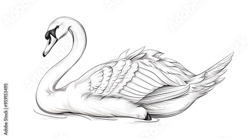 Graceful swan Line Illustration isolated on solid white background. 32k, full ultra HD, high resolution photo