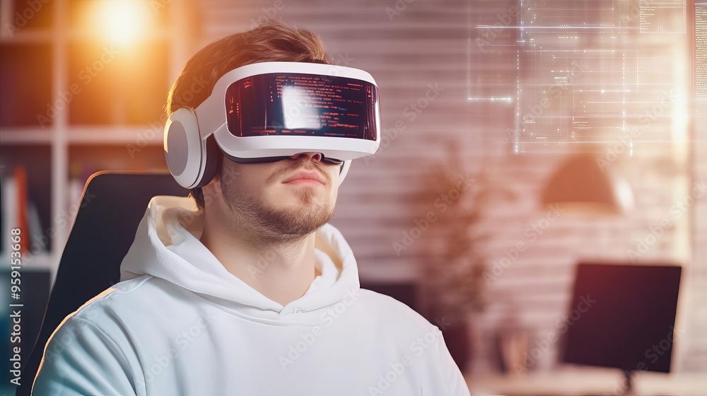 Holographic framework design, coder refining, futuristic office setup Holographic framework design, coder refining, futuristic office setup