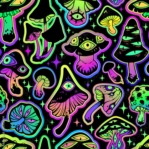 Seamless illustration of magical fairy mushrooms with eyes