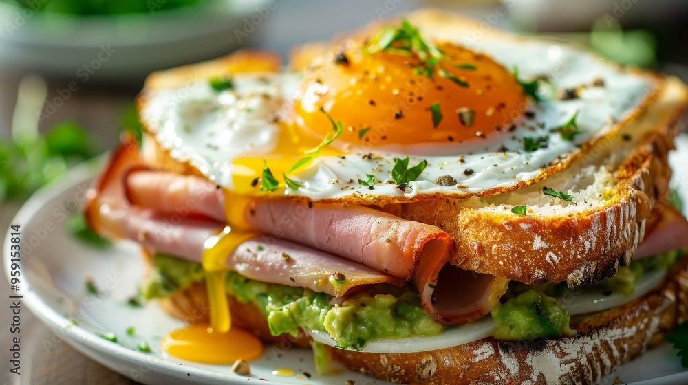 Close up of croque madame sandwich displaying layers of ham, cheese, fried egg, and avocado sauce Close up of croque madame sandwich displaying layers of ham, cheese, fried egg, and avocado sauce