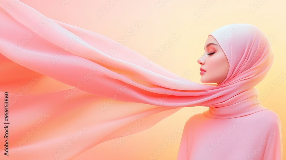 Elegant woman in hijab with flowing fabric on pink gradient background. Arabic culture style Elegant woman in hijab with flowing fabric on pink gradient background. Arabic culture style