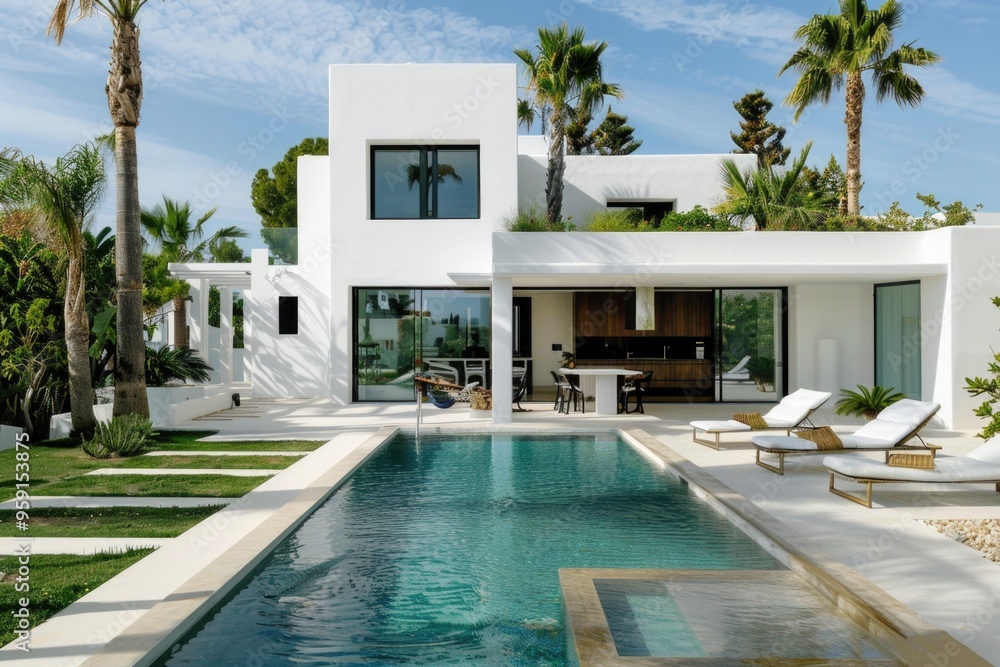 Fototapeta premium A serene scene with a pool located in front of a white house surrounded by palm trees