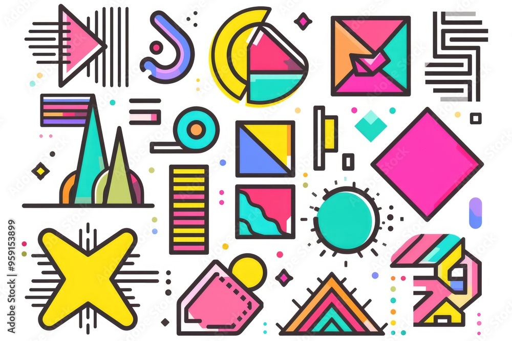 A collection of colorful shapes on a clean white surface A collection of colorful shapes on a clean white surface