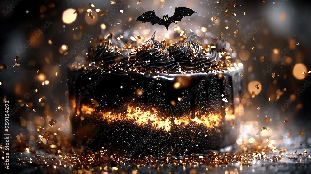 A close-up photo of a cake with a bat design on the top A close-up photo of a cake with a bat design on the top