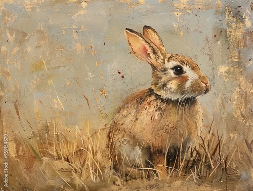 A brown rabbit sitting in tall grass with a blurred background.