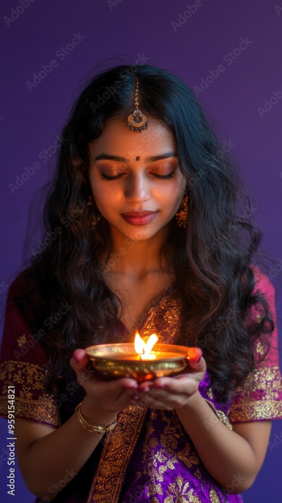 Woman in traditional attire holding an oil lamp with eyes closed against a purple background Woman in traditional attire holding an oil lamp with eyes closed against a purple background