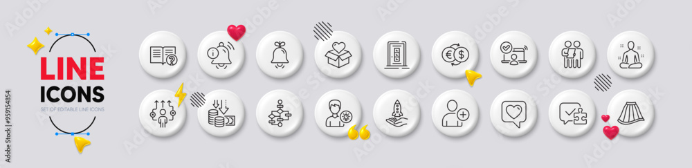 Yoga, Business way and Heart line icons. White buttons 3d icons. Pack of Donation, Person idea, Money exchange icon. Deflation, Bell, Help pictogram. Information bell, Online access, Door. Vector Yoga, Business way and Heart line icons. White buttons 3d icons. Pack of Donation, Person idea, Money exchange icon. Deflation, Bell, Help pictogram. Information bell, Online access, Door. Vector