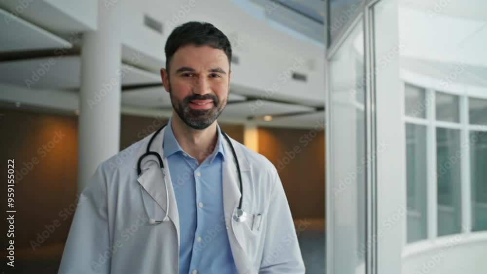 Confident doctor walking hallway with stethoscope. Closeup smiling man therapist Confident doctor walking hallway with stethoscope. Closeup smiling man therapist