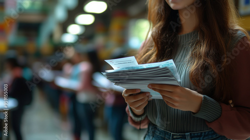 A teacher holding a stack of graded tests, ready to distribute them back to students in a classroom.