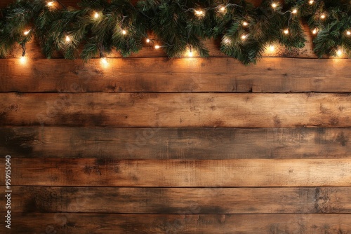 Rustic wooden background with festive christmas garland and warm fairy lights