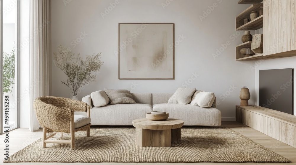 Stylish modern Scandinavian living room with neutral tones and natural textures