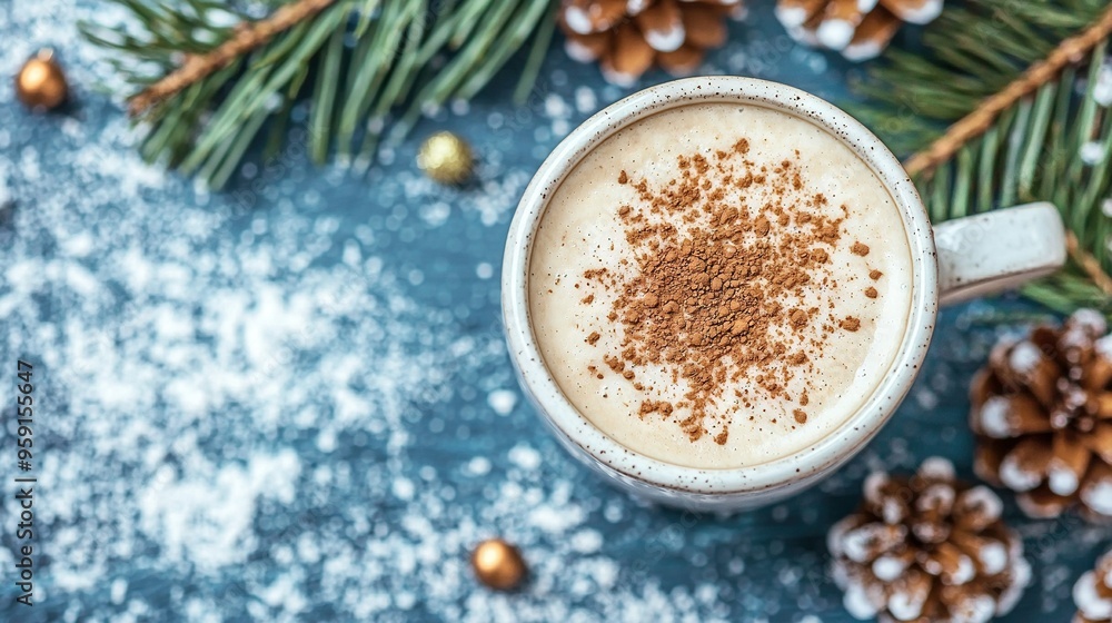 A mug of steaming hot chocolate, dusted with cinnamon, set against a blue backdrop, amidst scattered pine cones A mug of steaming hot chocolate, dusted with cinnamon, set against a blue backdrop, amidst scattered pine cones