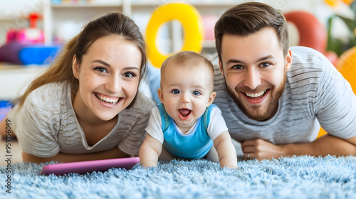 Smiling parents with their happy baby children enjoying quality time together, parental leave