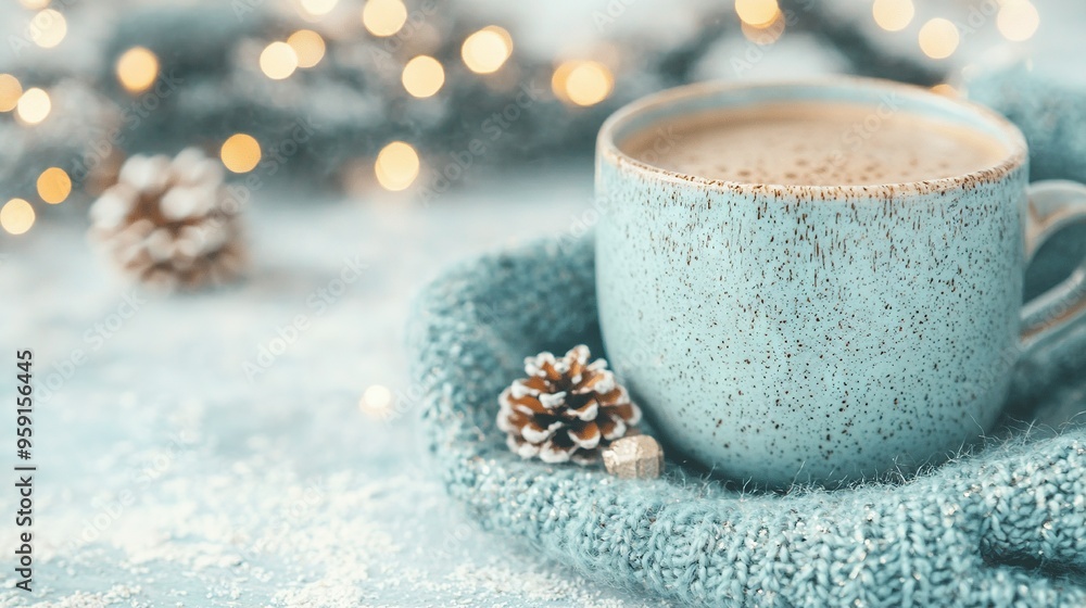 A cup of hot chocolate rests atop a blue blanket, surrounded by a pile of snow-covered pine cones A cup of hot chocolate rests atop a blue blanket, surrounded by a pile of snow-covered pine cones