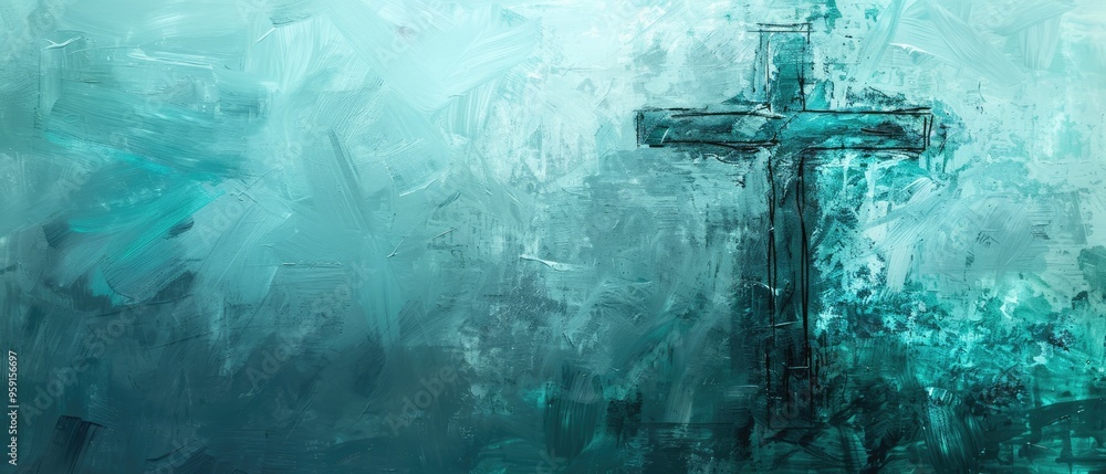 Naklejka premium Abstract Cross on Teal Brushstrokes