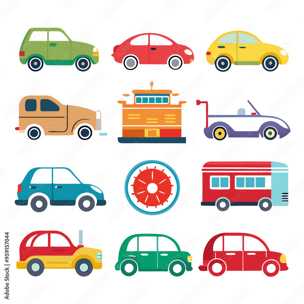 A vibrant and diverse collection of colorful cars, along with various buses, all set against a clean white background for emphasis and clarity A vibrant and diverse collection of colorful cars, along with various buses, all set against a clean white background for emphasis and clarity
