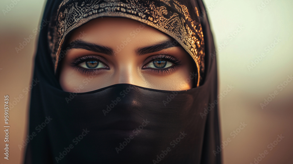 Young arabic woman is wearing a black niqab with golden embroidery, only showing her beautiful, intense, green eyes Young arabic woman is wearing a black niqab with golden embroidery, only showing her beautiful, intense, green eyes