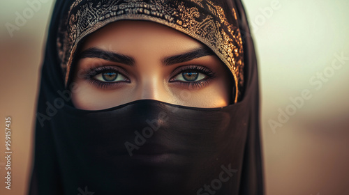 Young arabic woman is wearing a black niqab with golden embroidery, only showing her beautiful, intense, green eyes photo